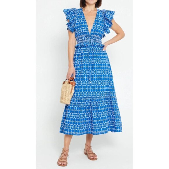 O.P.T Jardin Dress Eyelet Blue V-neck Cotton Midi Women Dress Large - Picture 2 of 11